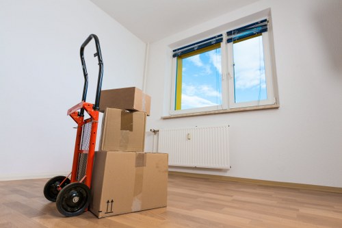 Professional movers carrying furniture through a St Jamess residential property